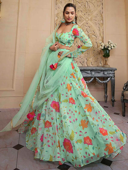 Amazing Green Floral Printed Organza Function Wear Lehenga Choli - Zeel Clothing