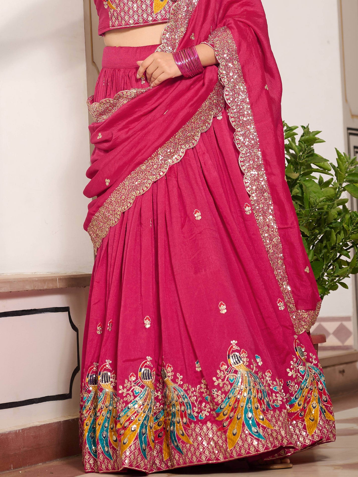 Amazing Hot Pink Sequins Work Vichitra Silk Designer Lehenga With Blouse - Zeel Clothing