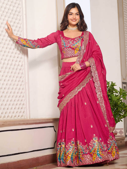 Amazing Hot Pink Sequins Work Vichitra Silk Designer Lehenga With Blouse - Zeel Clothing