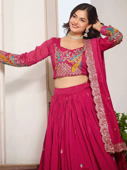 Amazing Hot Pink Sequins Work Vichitra Silk Designer Lehenga With Blouse - Zeel Clothing