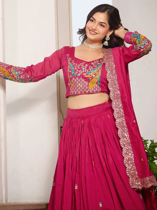 Amazing Hot Pink Sequins Work Vichitra Silk Designer Lehenga With Blouse - Zeel Clothing
