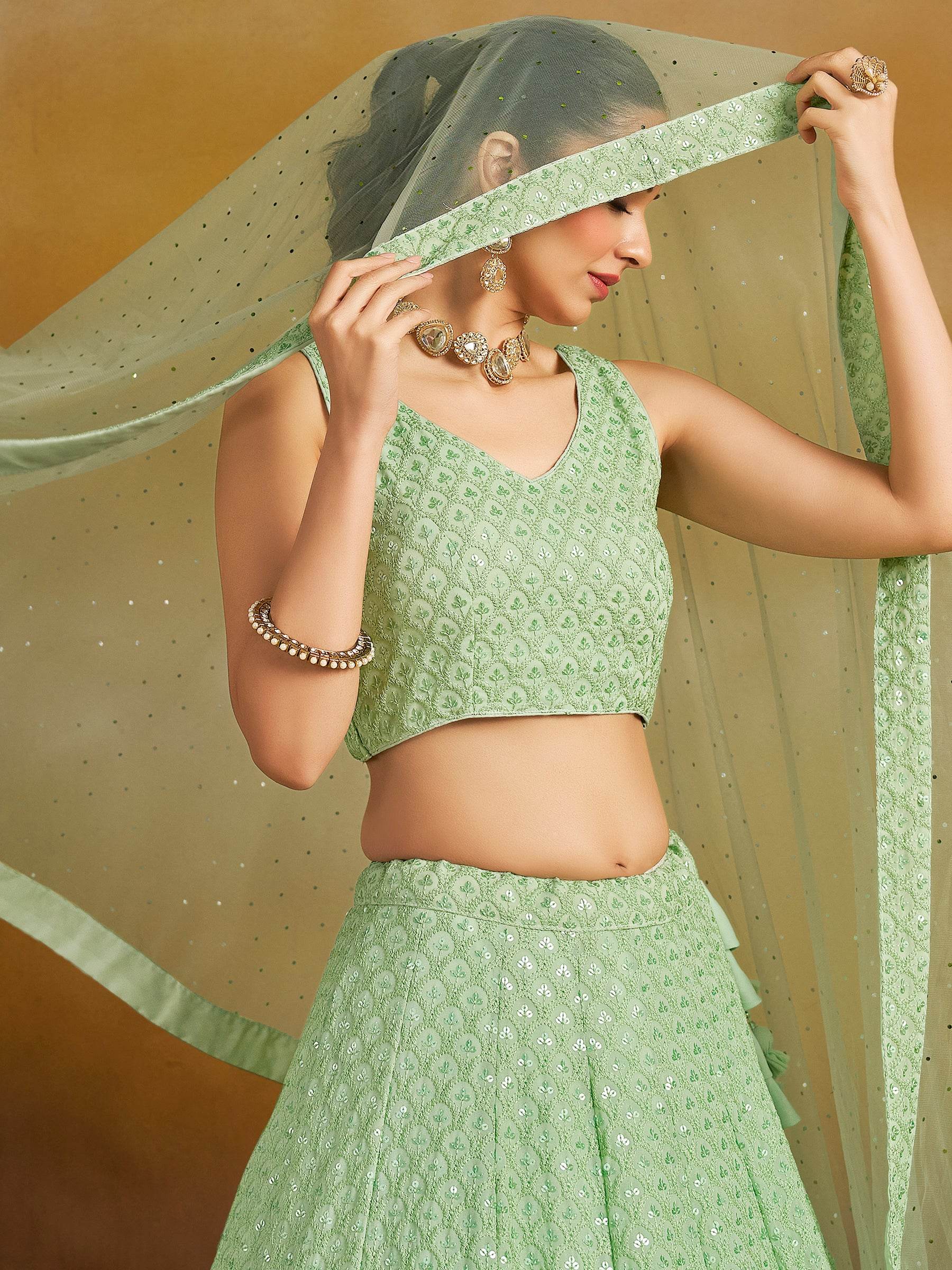 Amazing Mint Green Thread Work Georgette Event Wear Lehenga Choli - Zeel Clothing