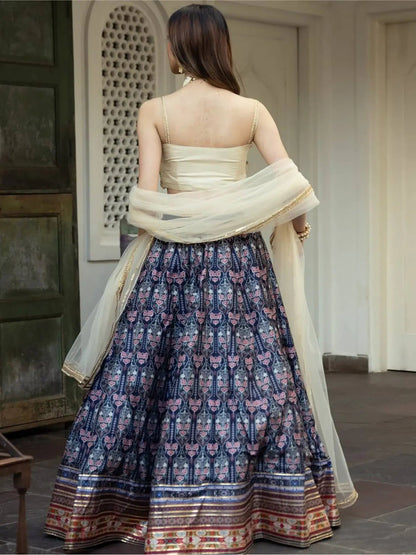 Amazing Navy Blue Digital Printed Art Silk Sangeet Wear Lehenga Choli - Zeel Clothing