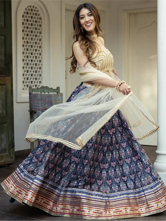 Amazing Navy Blue Digital Printed Art Silk Sangeet Wear Lehenga Choli - Zeel Clothing