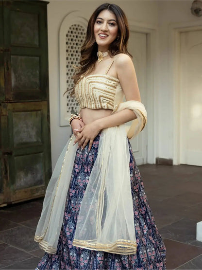 Amazing Navy Blue Digital Printed Art Silk Sangeet Wear Lehenga Choli - Zeel Clothing