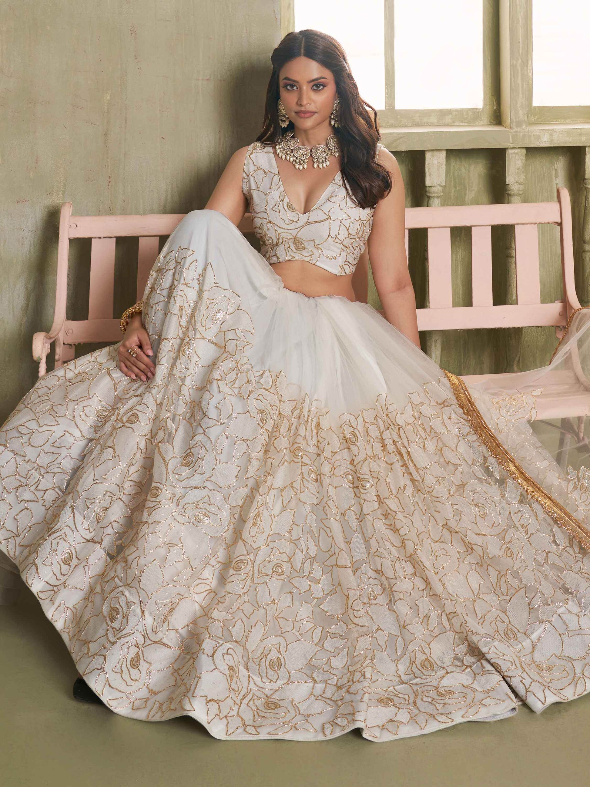 Amazing Off-White Embroidered Net Wedding Wear Lehenga Choli - Zeel Clothing