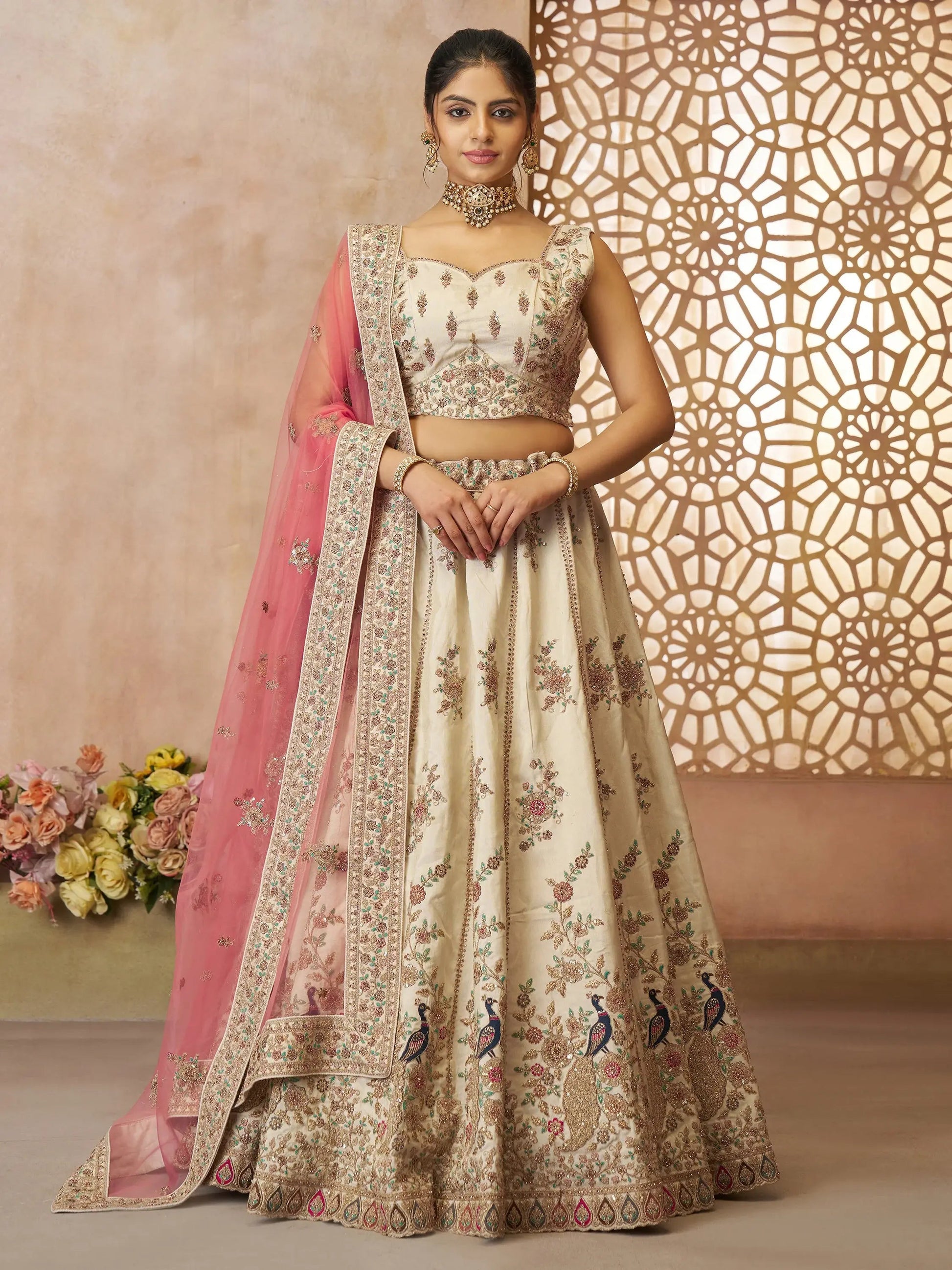 Amazing Off-White Thread Embroidered Silk Lehenga Choli With Dupatta - Zeel Clothing