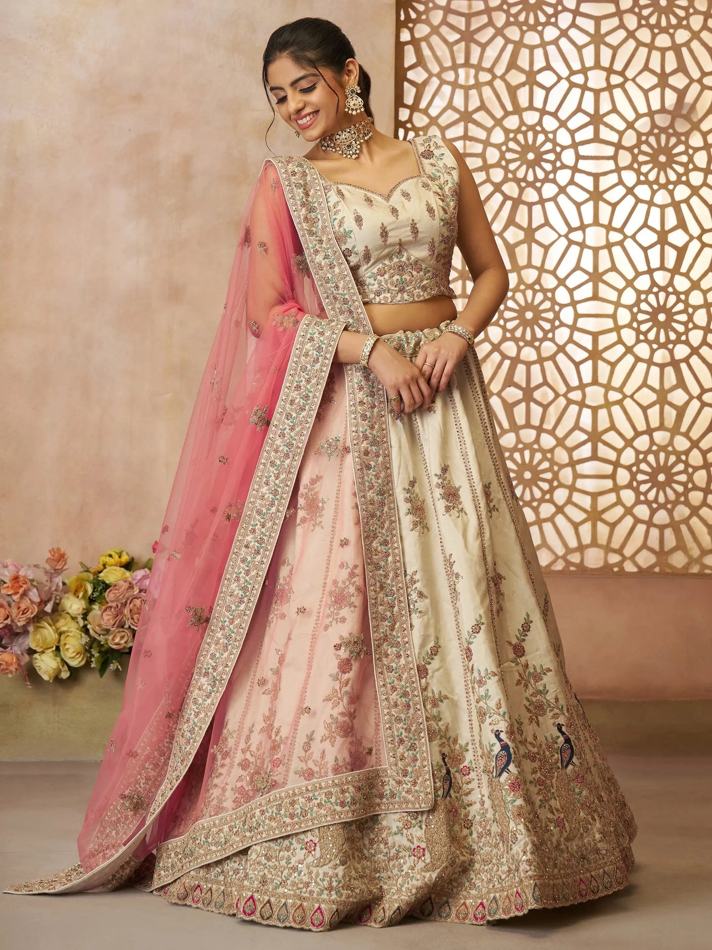 Amazing Off-White Thread Embroidered Silk Lehenga Choli With Dupatta - Zeel Clothing