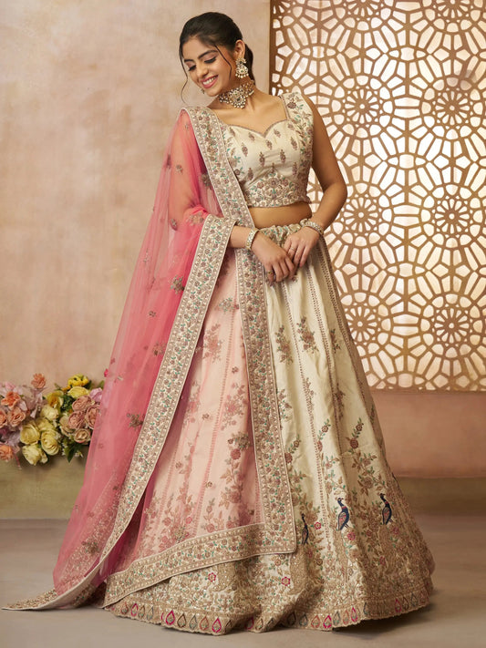 Amazing Off-White Thread Embroidered Silk Lehenga Choli With Dupatta - Zeel Clothing