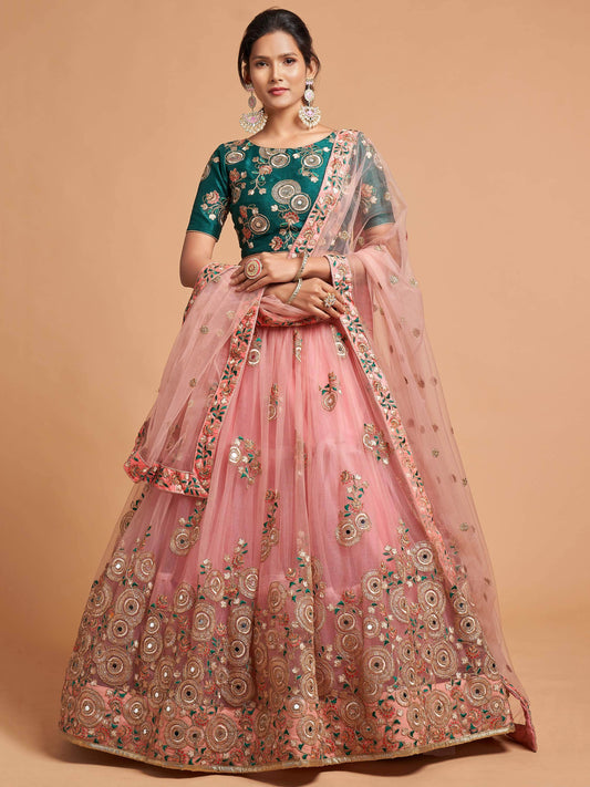 Amazing Peach Thread Embroidered Net Wedding Lehenga Choli - Zeel Clothing