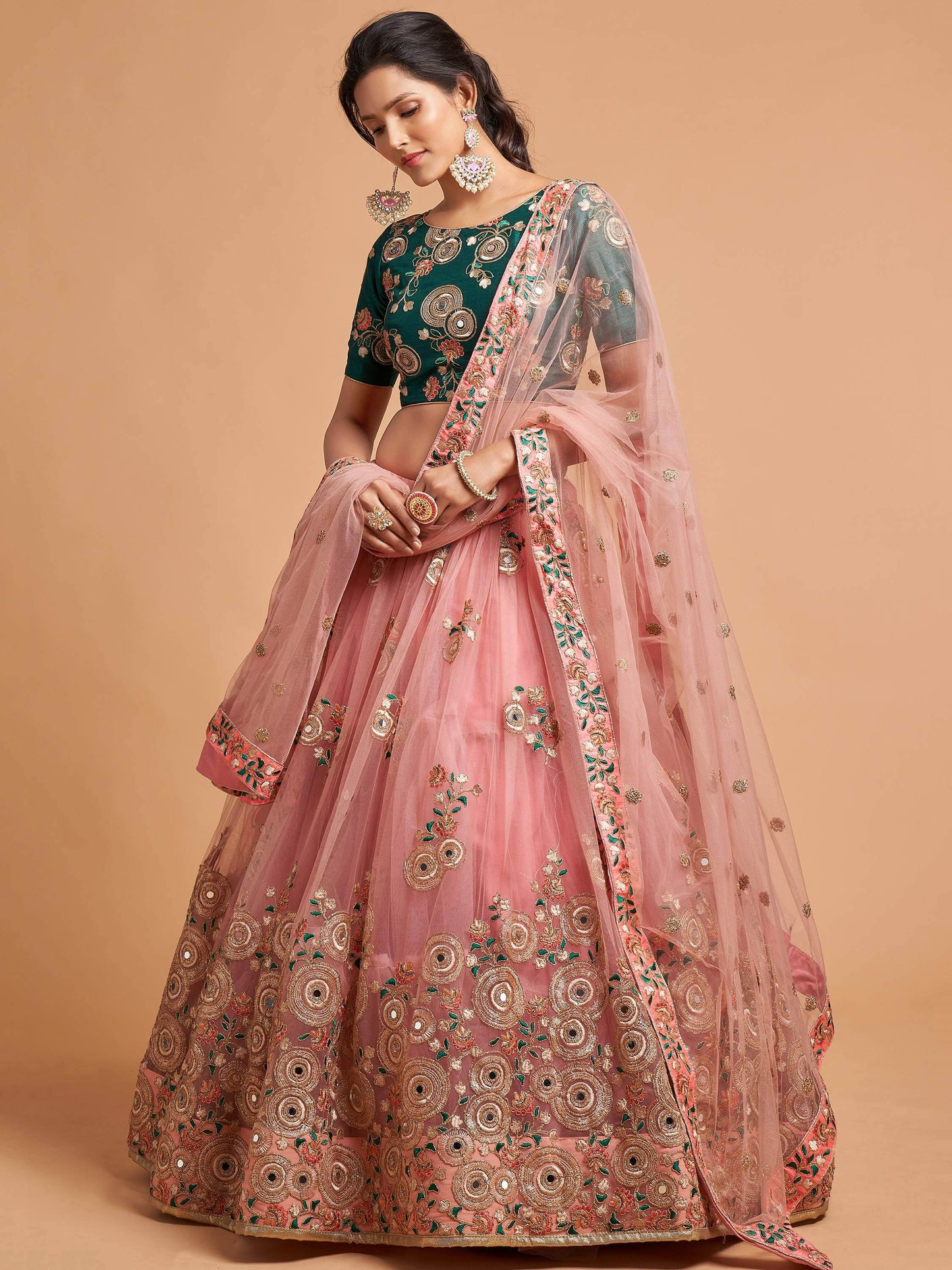 Amazing Peach Thread Embroidered Net Wedding Lehenga Choli - Zeel Clothing