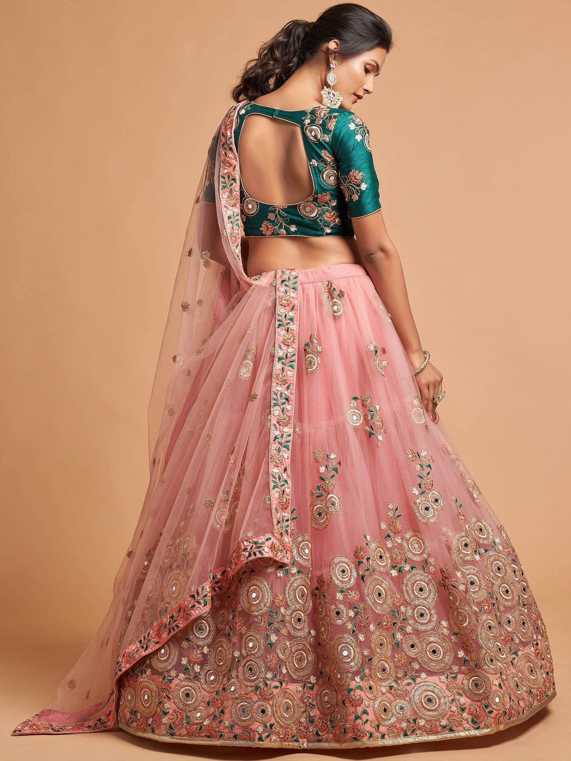 Amazing Peach Thread Embroidered Net Wedding Lehenga Choli - Zeel Clothing