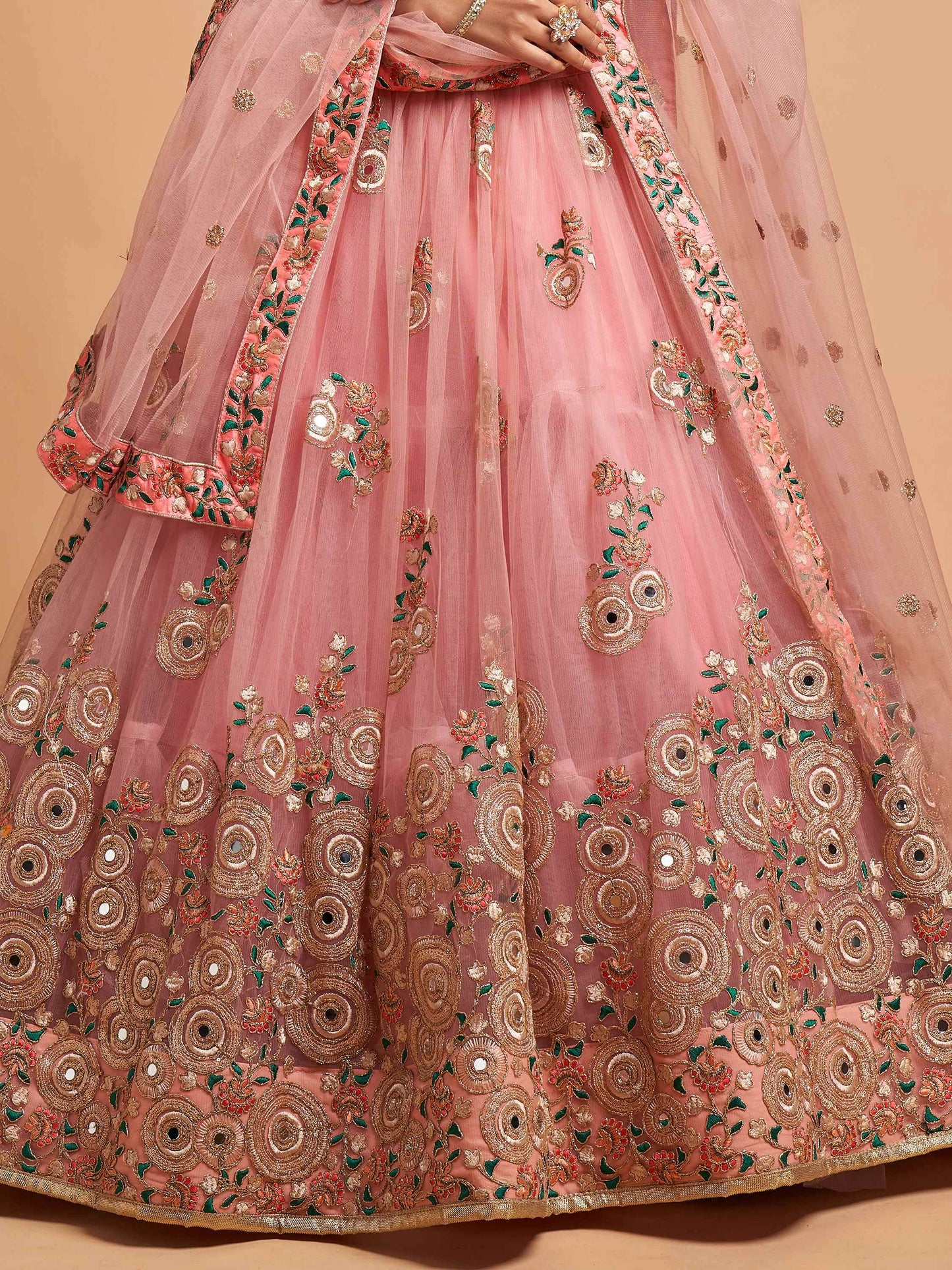 Amazing Peach Thread Embroidered Net Wedding Lehenga Choli - Zeel Clothing
