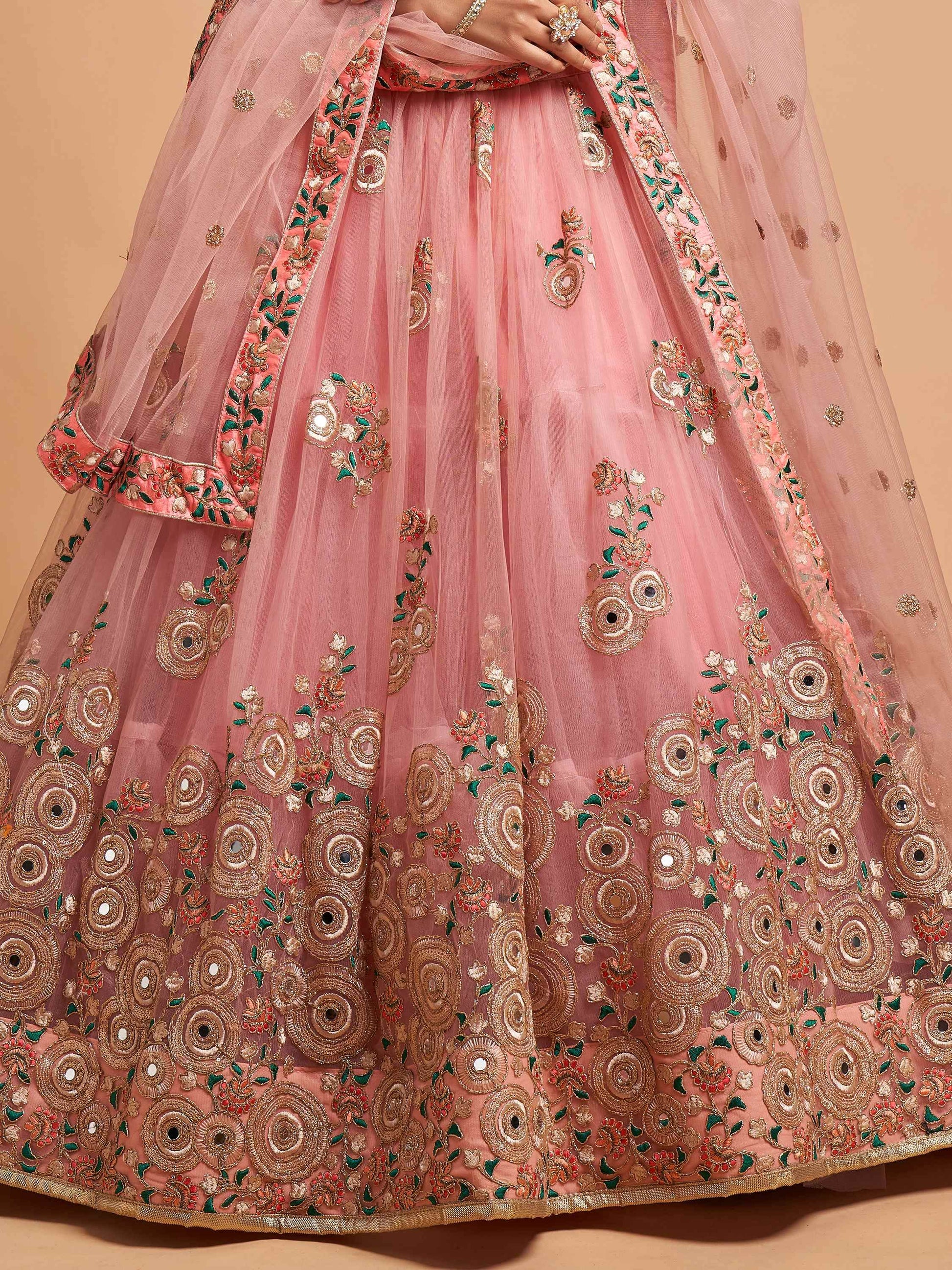 Amazing Peach Thread Embroidered Net Wedding Lehenga Choli - Zeel Clothing