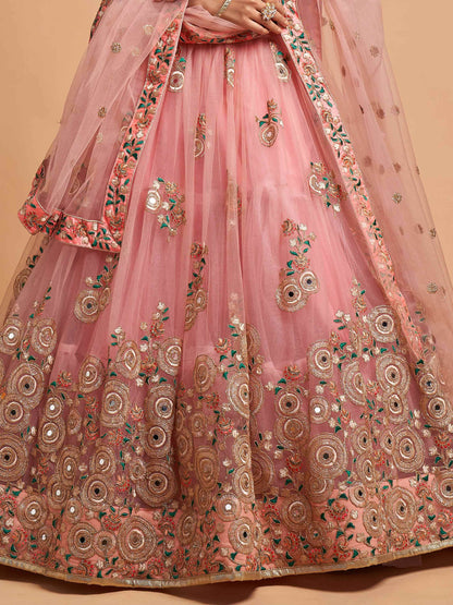 Amazing Peach Thread Embroidered Net Wedding Lehenga Choli - Zeel Clothing