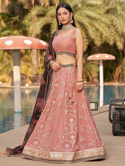 Amazing Pink Embroidered Georgette Wedding Wear Lehenga Choli - Zeel Clothing