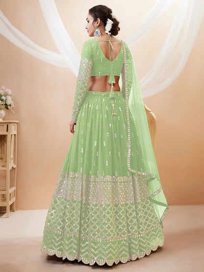 Amazing Pista Green Sequins Georgette Reception Wear Lehenga Choli - Zeel Clothing