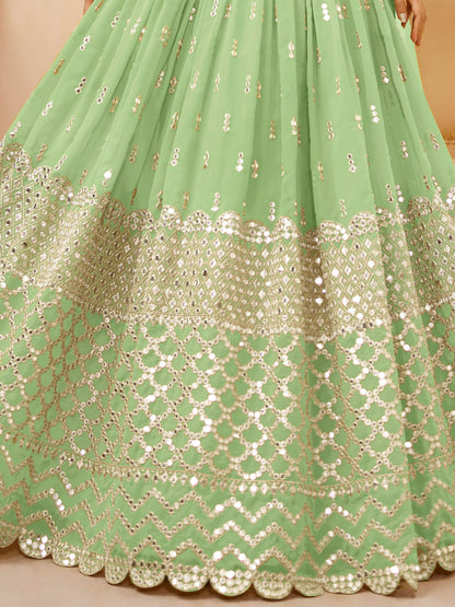 Amazing Pista Green Sequins Georgette Reception Wear Lehenga Choli - Zeel Clothing