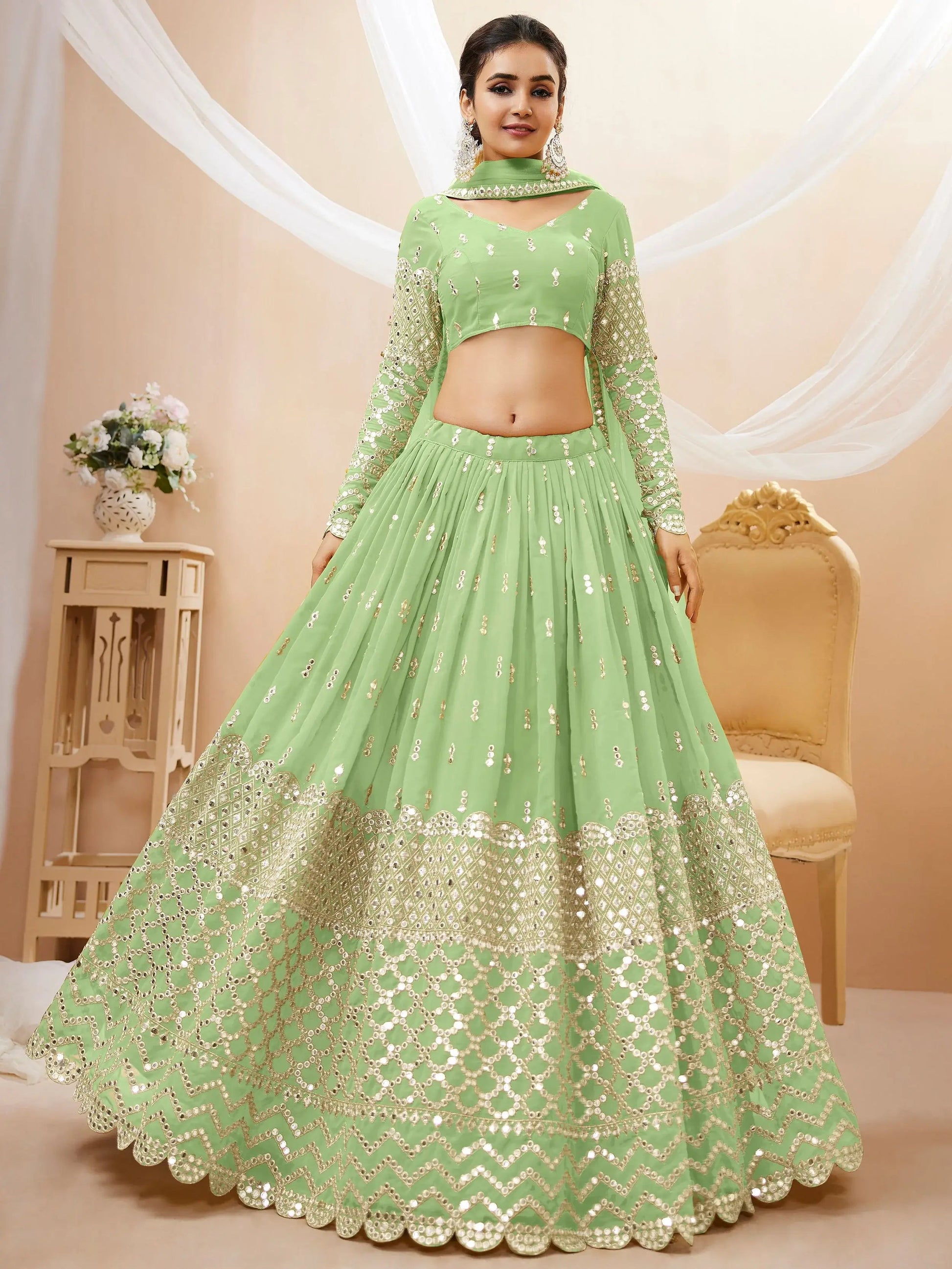 Amazing Pista Green Sequins Georgette Reception Wear Lehenga Choli - Zeel Clothing