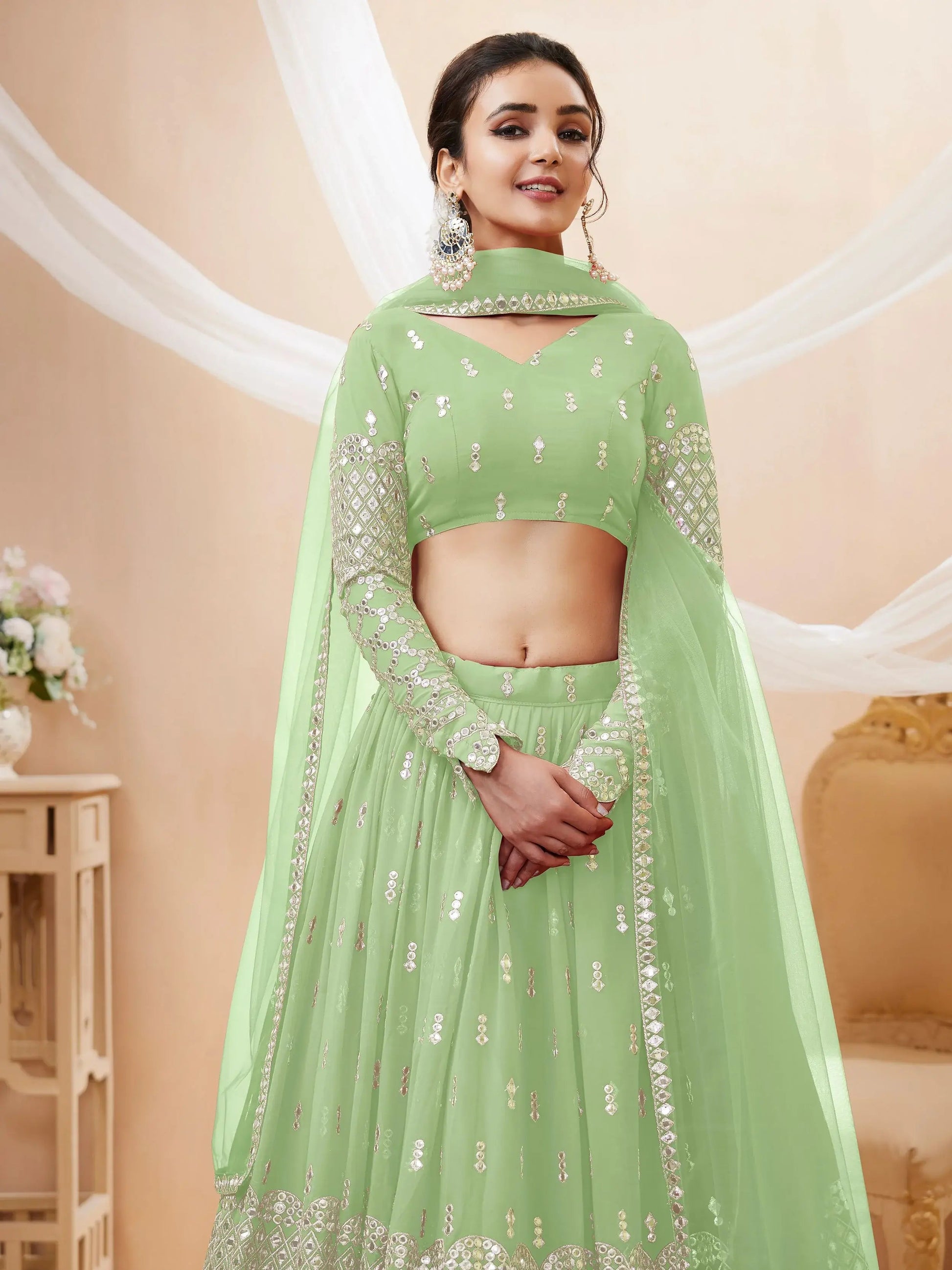 Amazing Pista Green Sequins Georgette Reception Wear Lehenga Choli - Zeel Clothing