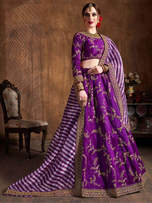 Amazing Purple Embroidered Mulberry Silk Sangeet Wear Lehenga Choli - Zeel Clothing