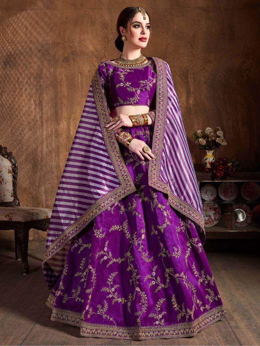 Amazing Purple Embroidered Mulberry Silk Sangeet Wear Lehenga Choli - Zeel Clothing