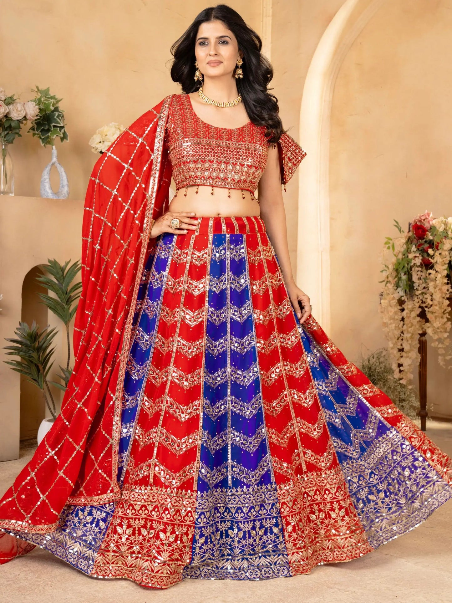 Amazing Red-Blue Sequins Georgette Festive Wear Lehenga Choli With Dupatta - Zeel Clothing