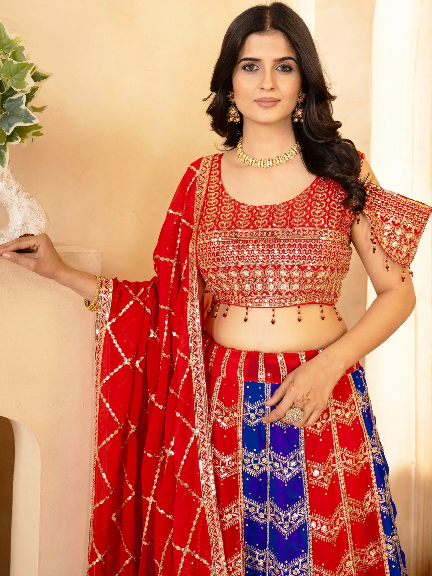 Amazing Red-Blue Sequins Georgette Festive Wear Lehenga Choli With Dupatta - Zeel Clothing