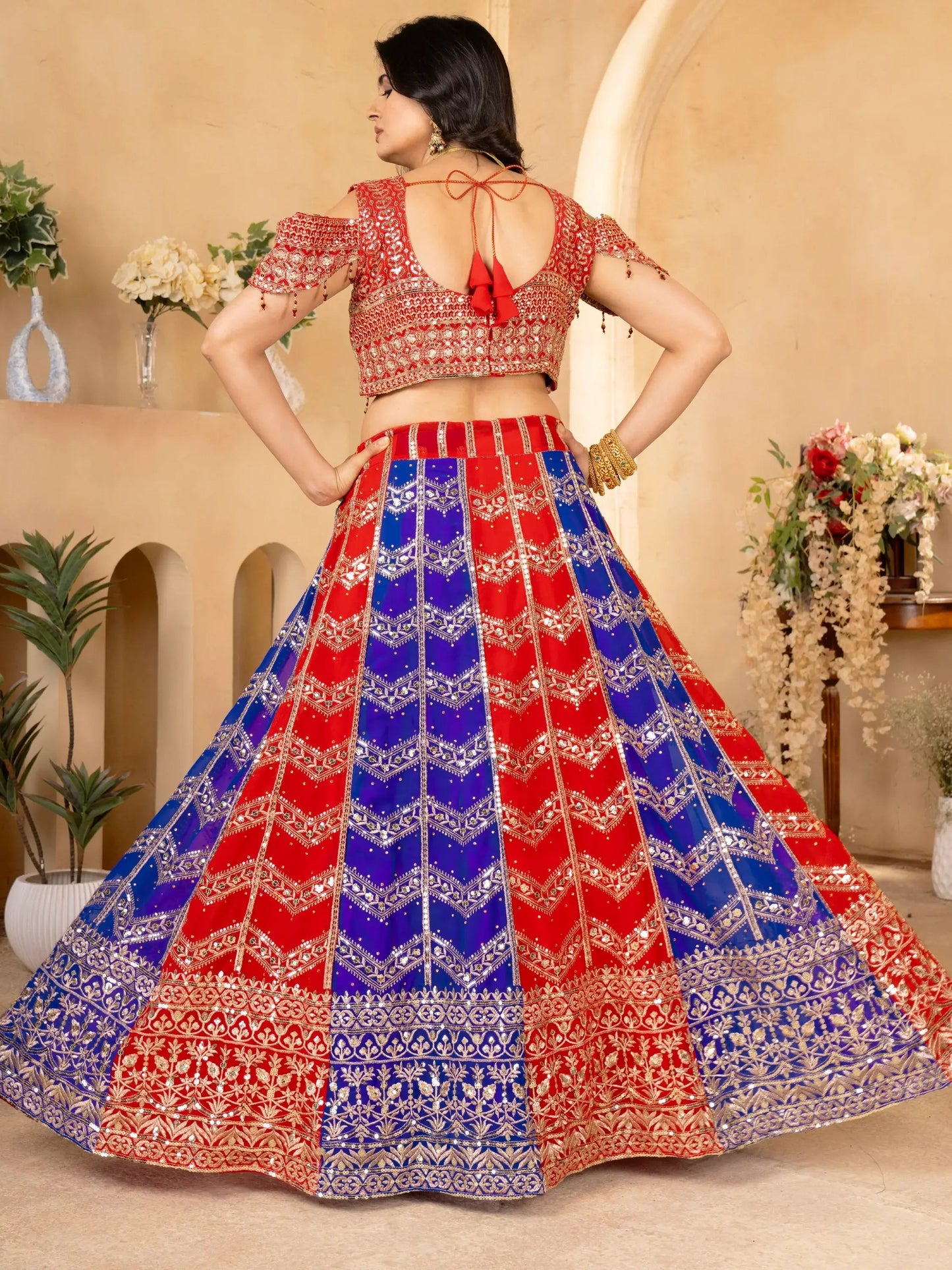 Amazing Red-Blue Sequins Georgette Festive Wear Lehenga Choli With Dupatta - Zeel Clothing