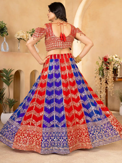 Amazing Red-Blue Sequins Georgette Festive Wear Lehenga Choli With Dupatta - Zeel Clothing