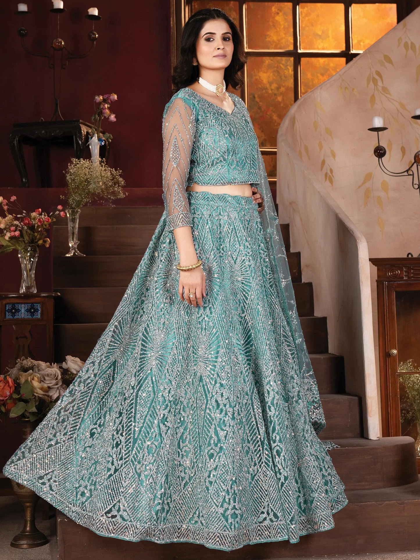 Amazing Sky-Blue Zarkan Work Net Designer Lehenga Choli With Dupatta - Zeel Clothing