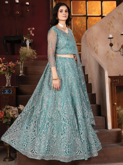 Amazing Sky-Blue Zarkan Work Net Designer Lehenga Choli With Dupatta - Zeel Clothing