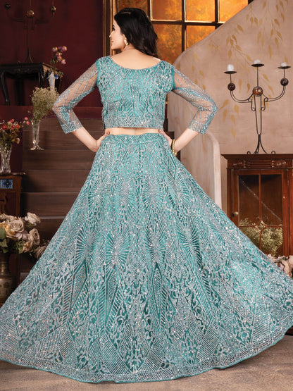 Amazing Sky-Blue Zarkan Work Net Designer Lehenga Choli With Dupatta - Zeel Clothing
