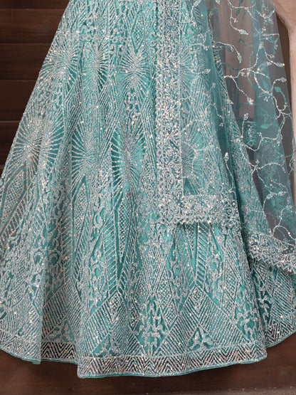 Amazing Sky-Blue Zarkan Work Net Designer Lehenga Choli With Dupatta - Zeel Clothing