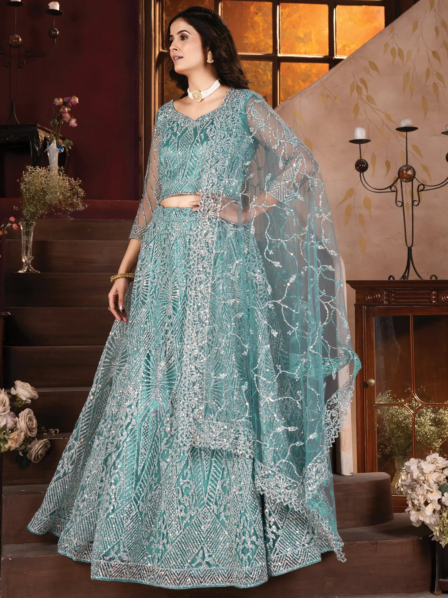 Amazing Sky-Blue Zarkan Work Net Designer Lehenga Choli With Dupatta - Zeel Clothing