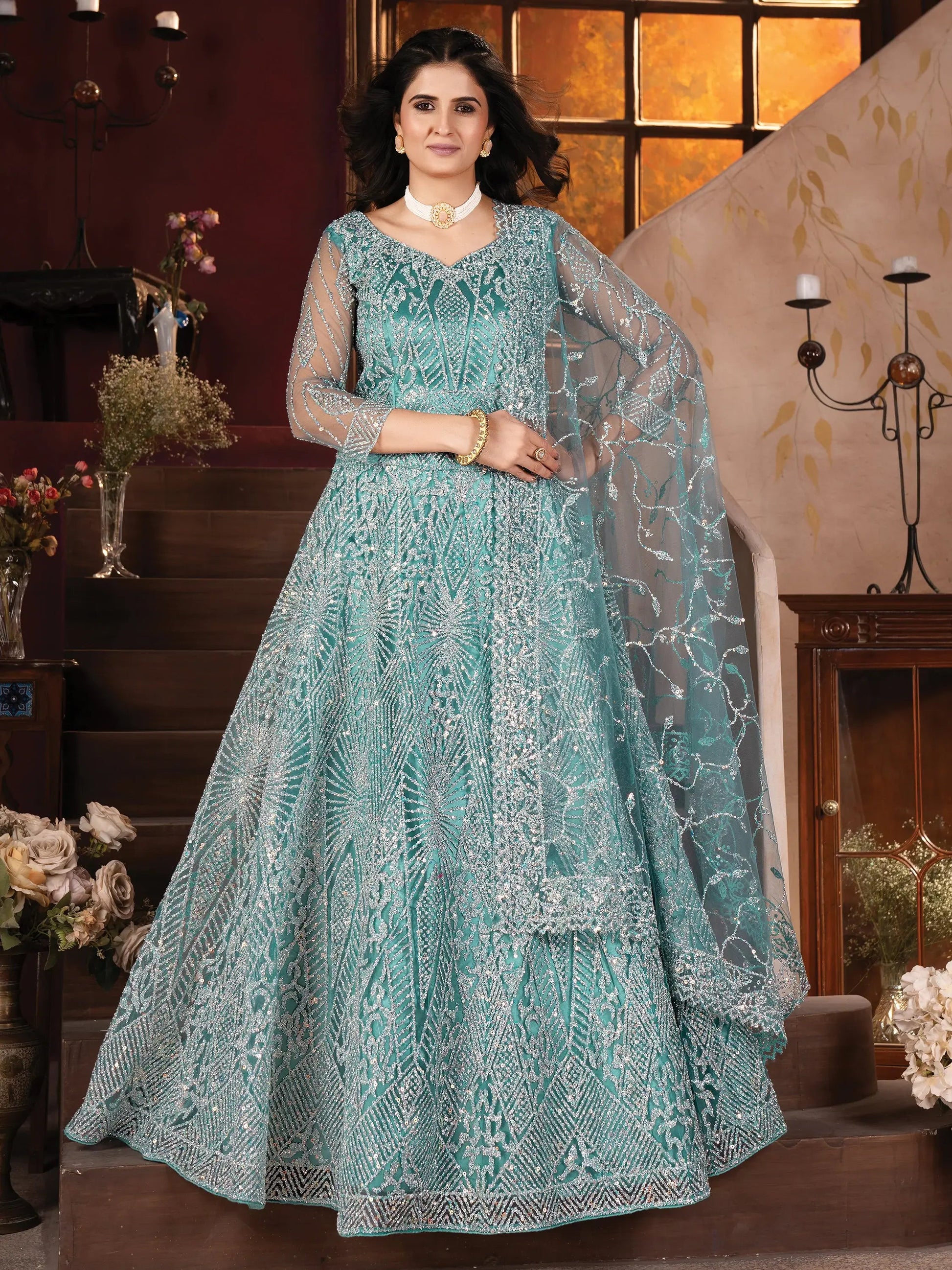 Amazing Sky-Blue Zarkan Work Net Designer Lehenga Choli With Dupatta - Zeel Clothing