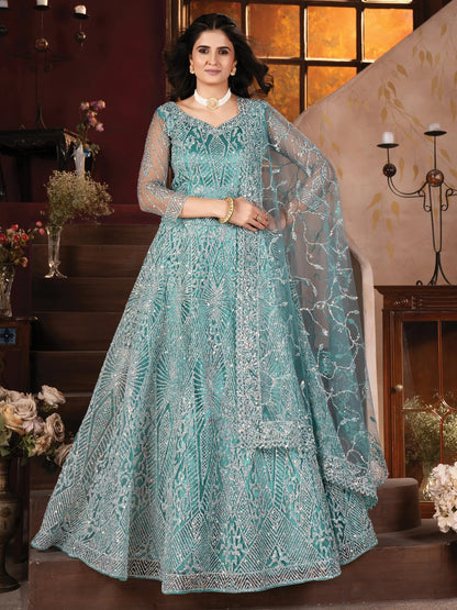 Amazing Sky-Blue Zarkan Work Net Designer Lehenga Choli With Dupatta - Zeel Clothing