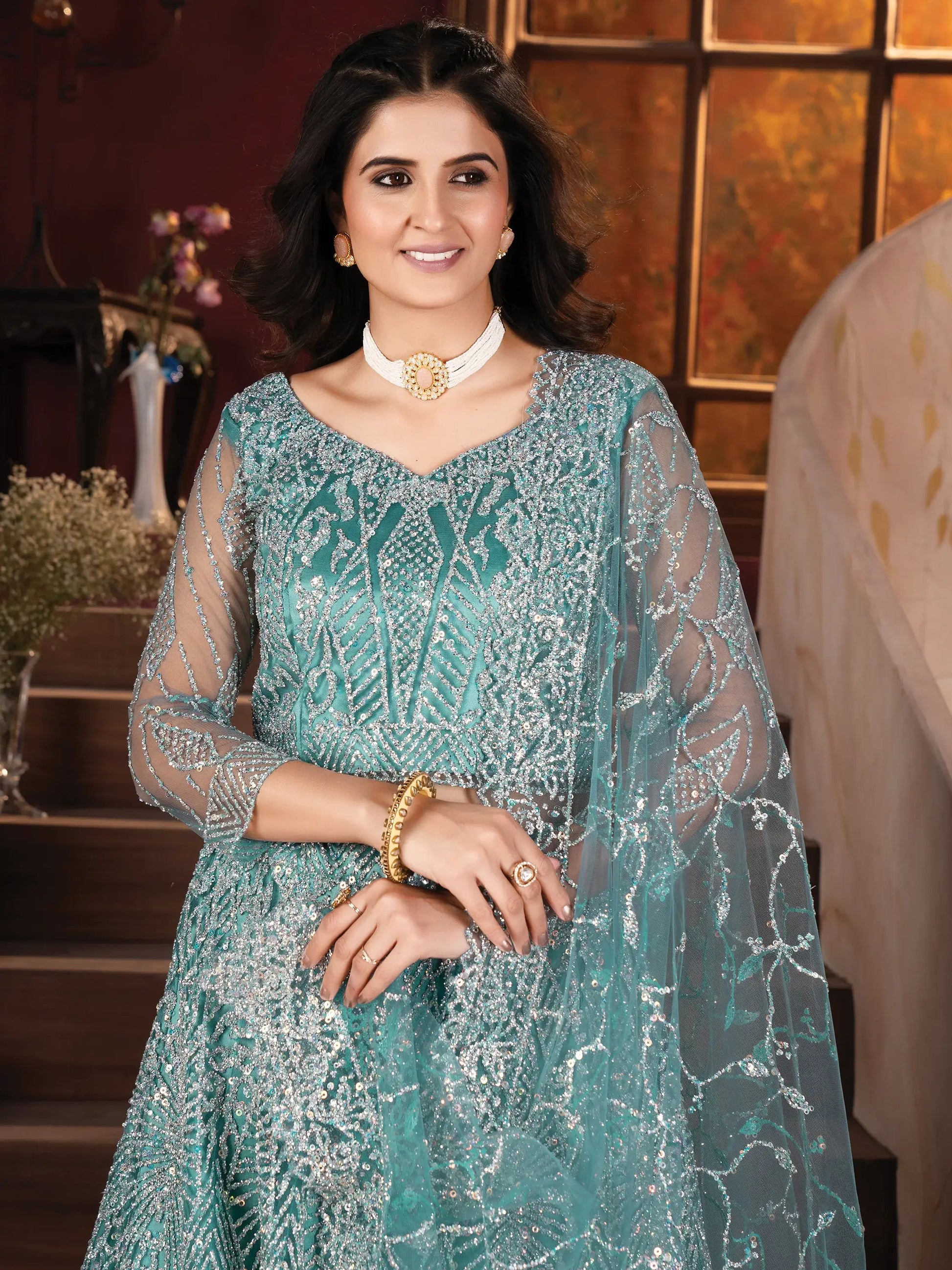 Amazing Sky-Blue Zarkan Work Net Designer Lehenga Choli With Dupatta - Zeel Clothing