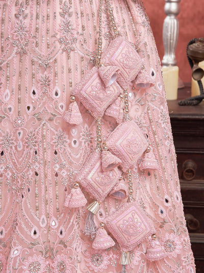 Alluring Baby Pink Sequins Net Bridesmaid Lehenga Choli With Dupatta