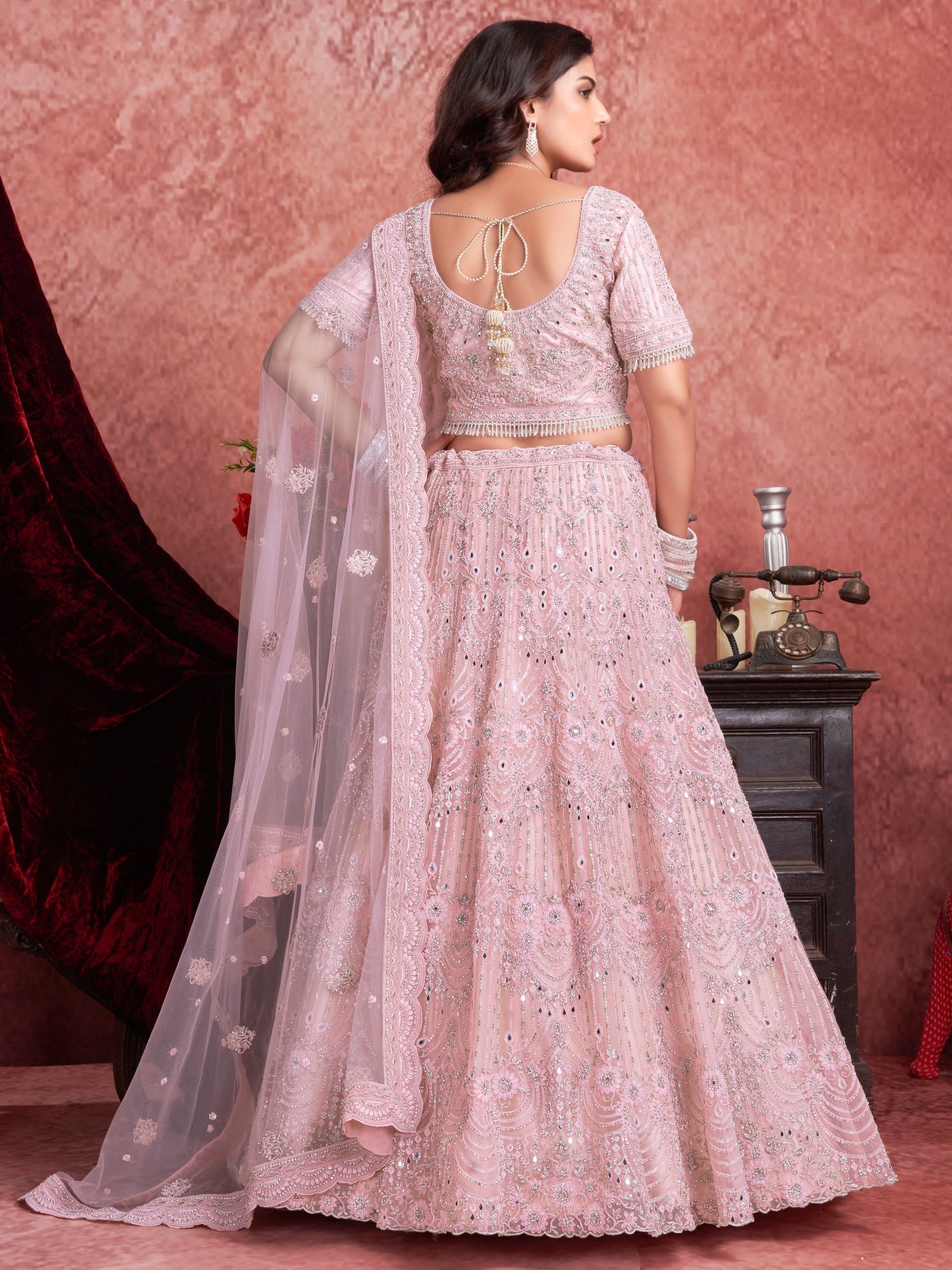 Alluring Baby Pink Sequins Net Bridesmaid Lehenga Choli With Dupatta