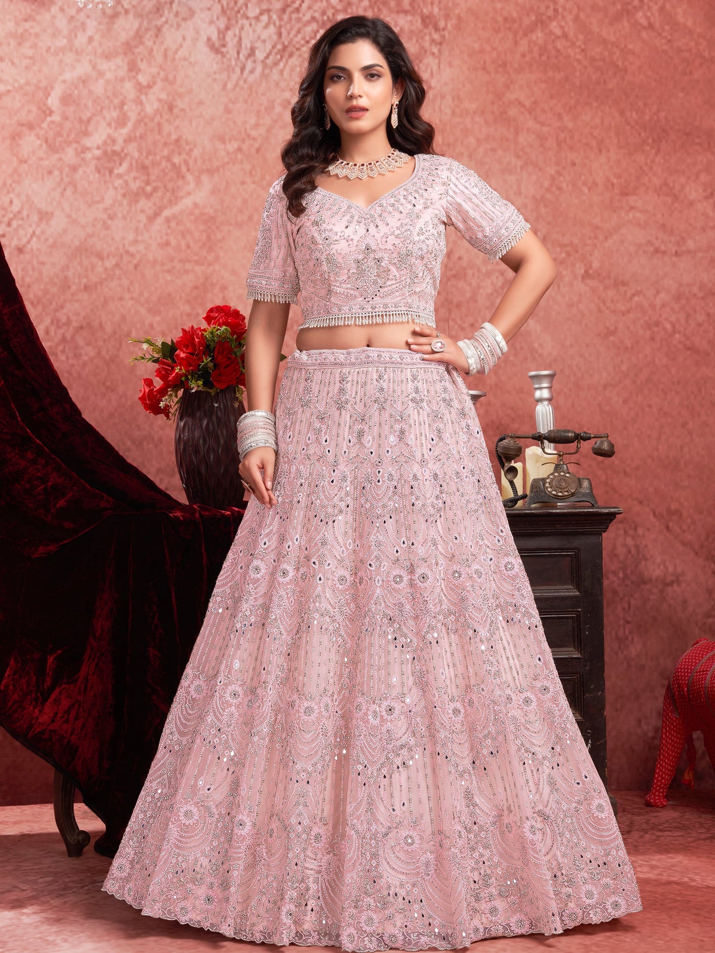 Alluring Baby Pink Sequins Net Bridesmaid Lehenga Choli With Dupatta