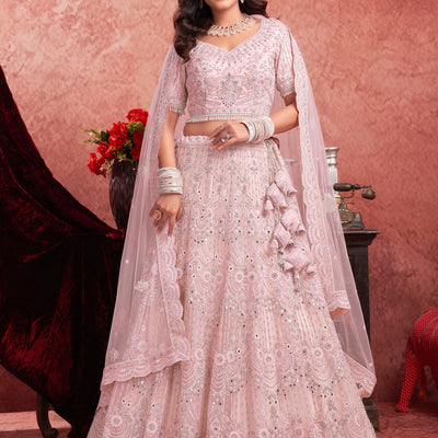 Alluring Baby Pink Sequins Net Bridesmaid Lehenga Choli With Dupatta