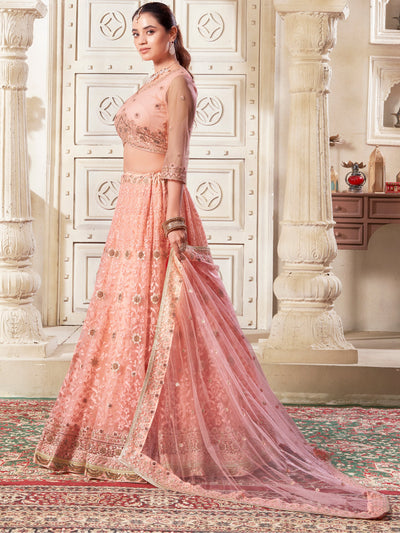 Precious Peach Thread Work Net Bridesmaid Lehenga Choli