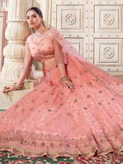 Precious Peach Thread Work Net Bridesmaid Lehenga Choli