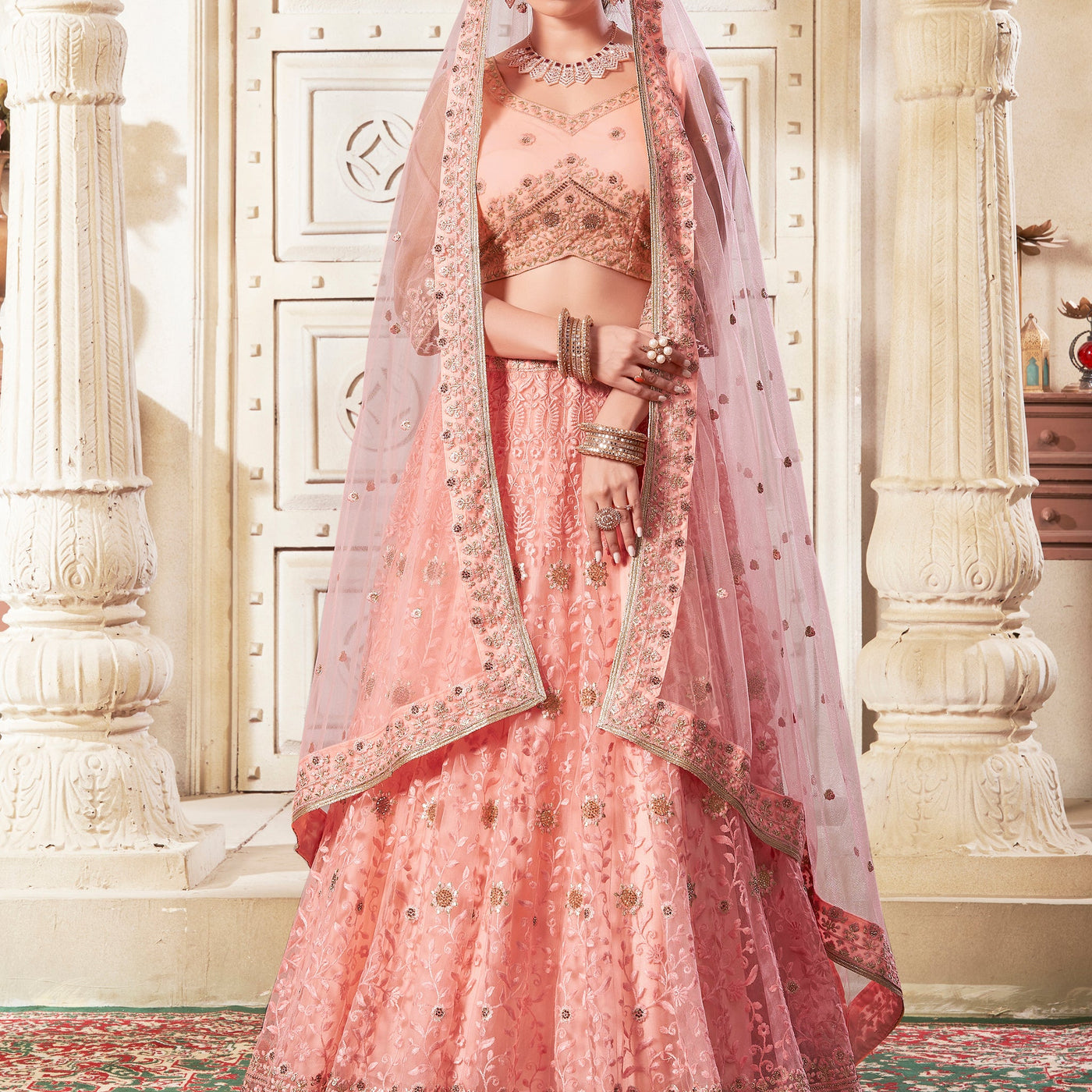 Precious Peach Thread Work Net Bridesmaid Lehenga Choli