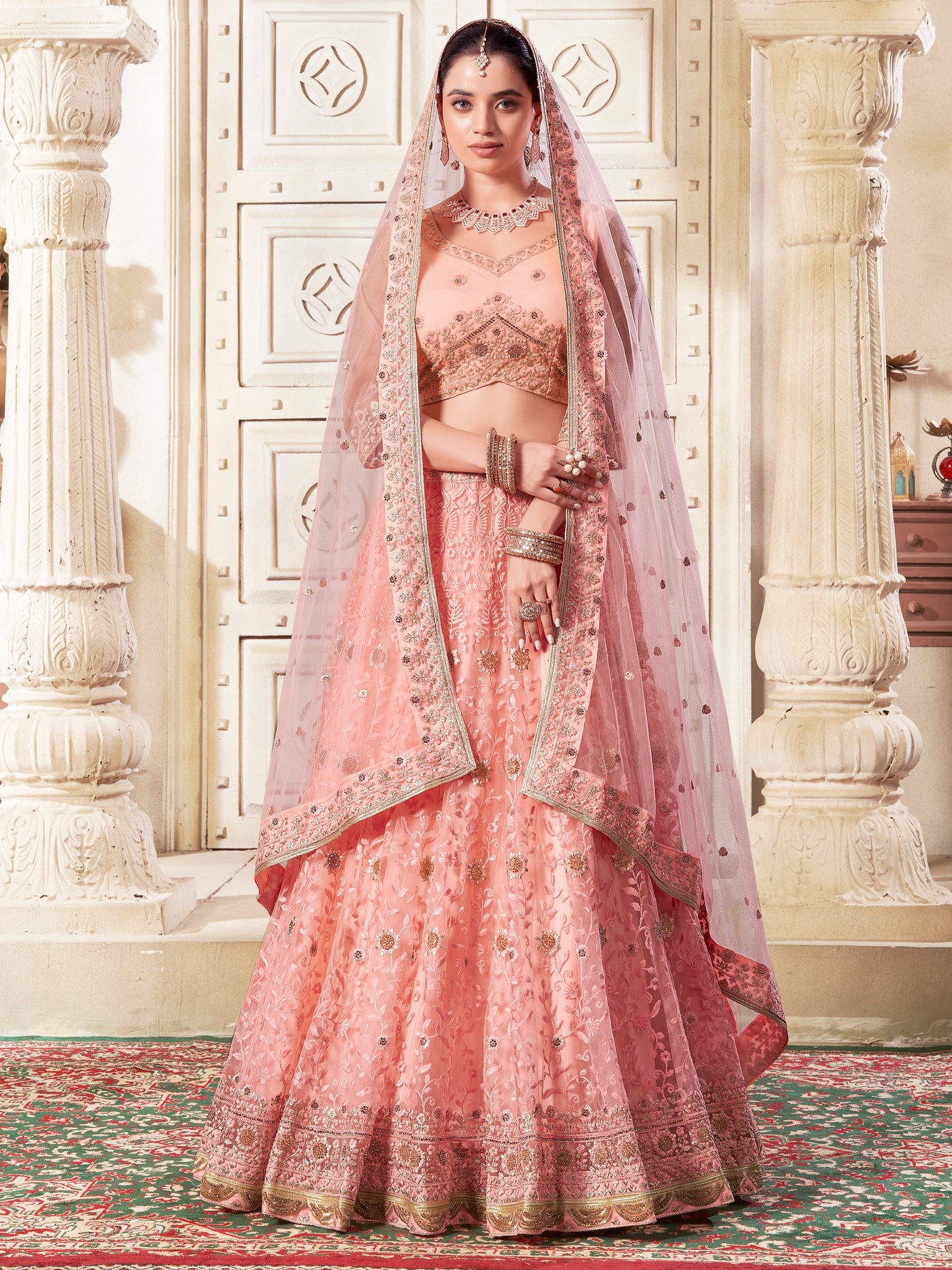 Precious Peach Thread Work Net Bridesmaid Lehenga Choli