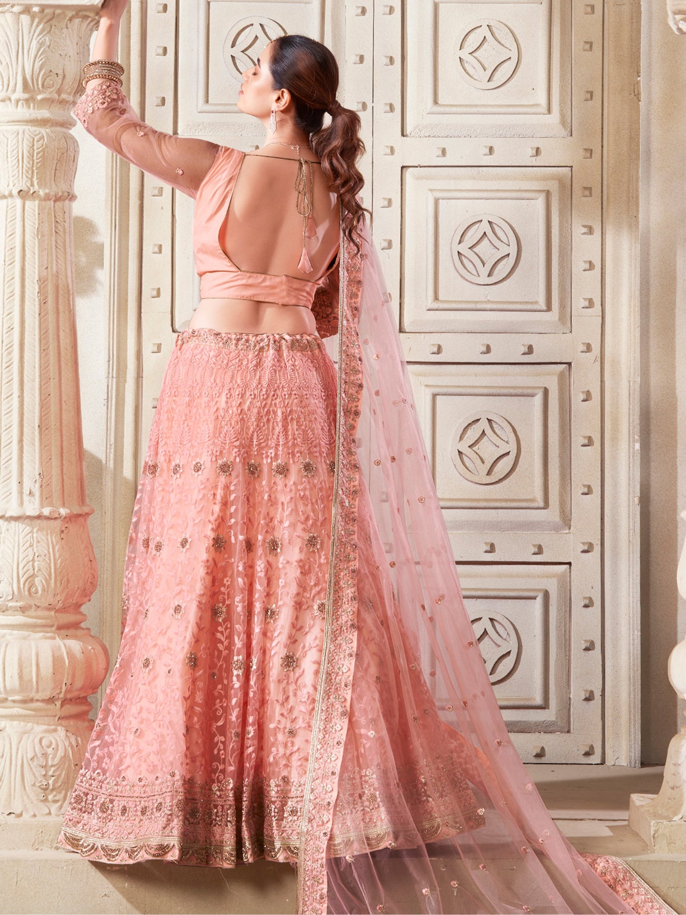 Precious Peach Thread Work Net Bridesmaid Lehenga Choli