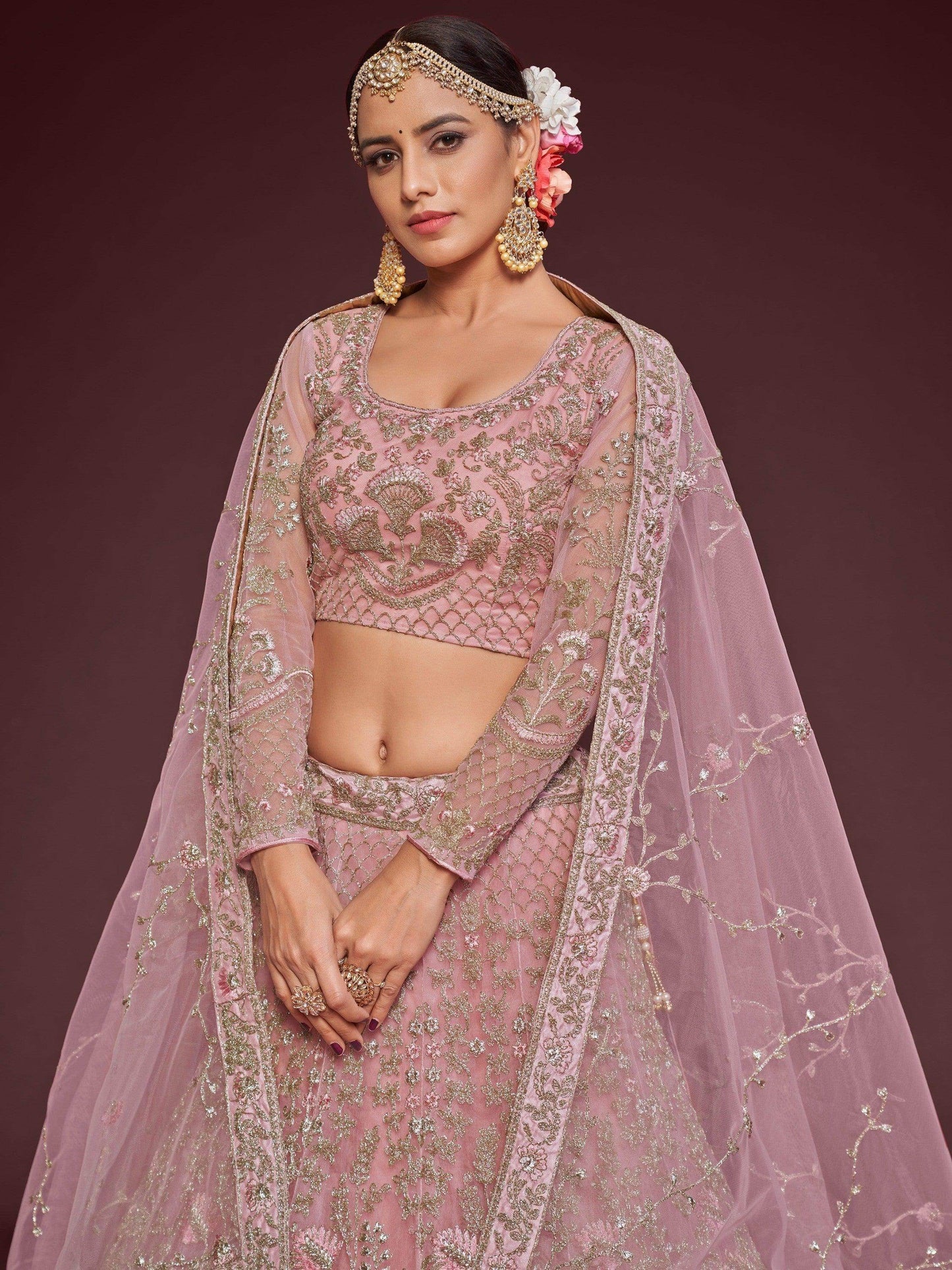 Appealing Pearl Pink Embroidered Soft Net Wedding Wear Lehenga Choli - Zeel Clothing