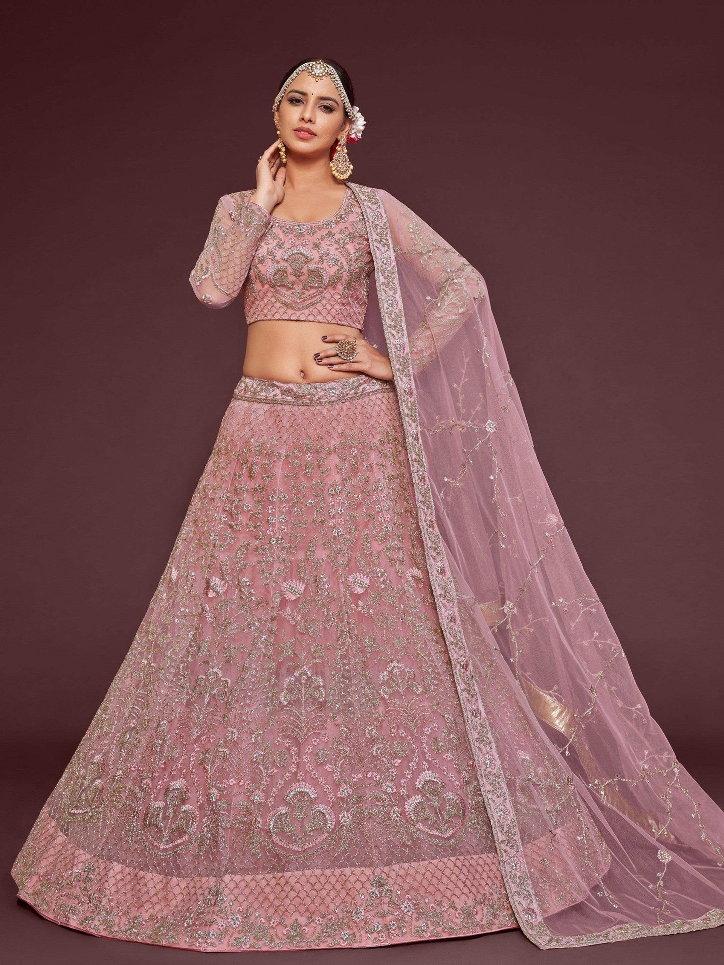Appealing Pearl Pink Embroidered Soft Net Wedding Wear Lehenga Choli - Zeel Clothing