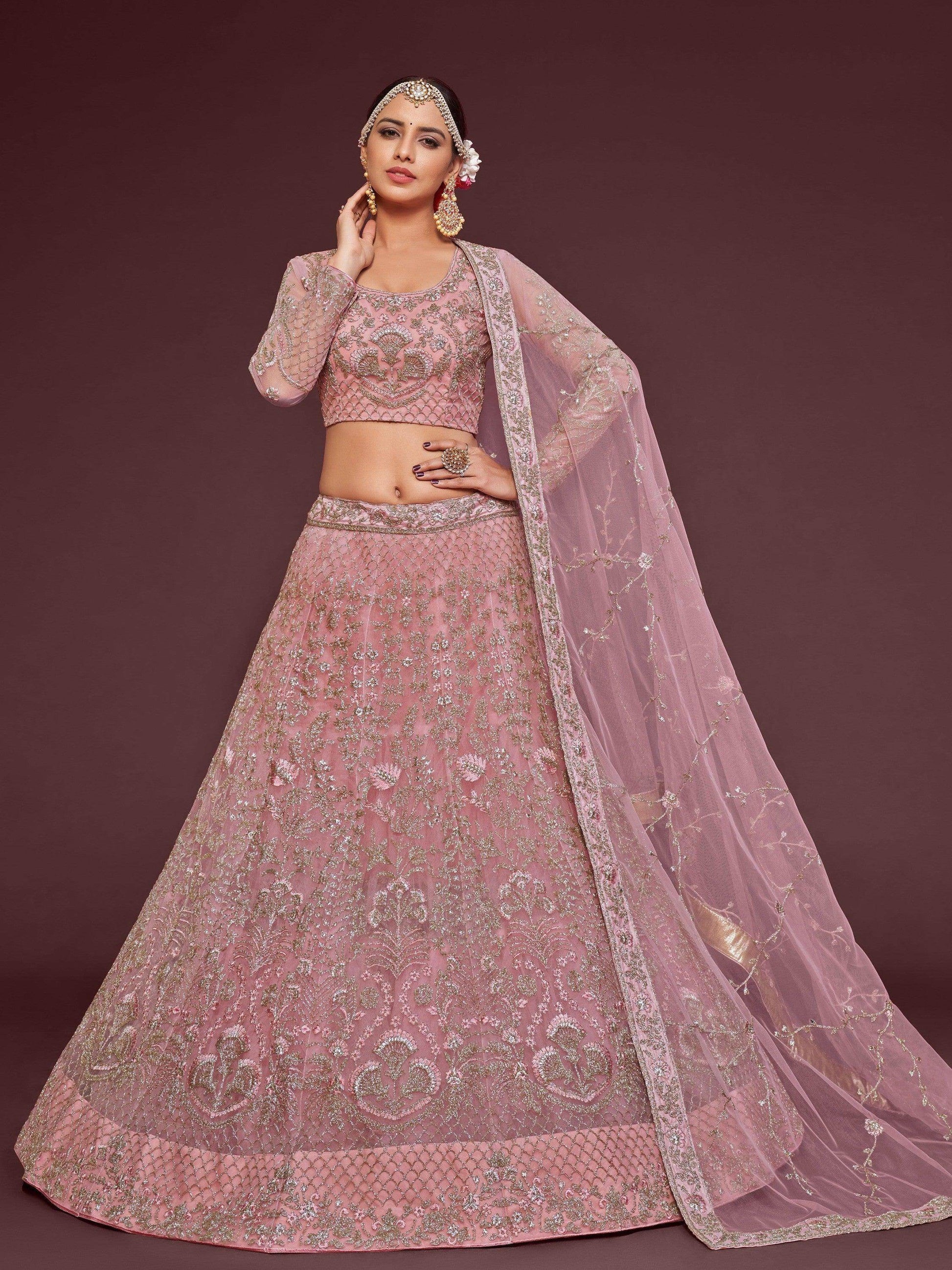 Appealing Pearl Pink Embroidered Soft Net Wedding Wear Lehenga Choli - Zeel Clothing